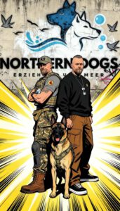Szene aus „Ein Welpe zieht ein“ – Northern Dogs Comic-Panel mit Trainer, Frau und zwei Hunden beim Stadttraining.
